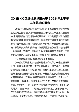 XX市XX区统计局党组关于2026年上半年工作总结的报告