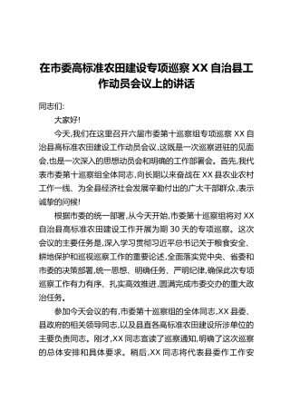 在市委高标准农田建设专项巡察XX自治县工作动员会议上的讲话