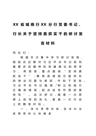 XX省城商行XX分行党委书记、行长关于坚持真抓实干的研讨发言材料