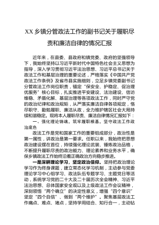 XX乡镇分管政法工作的副书记关于履职尽责和廉洁自律的情况汇报