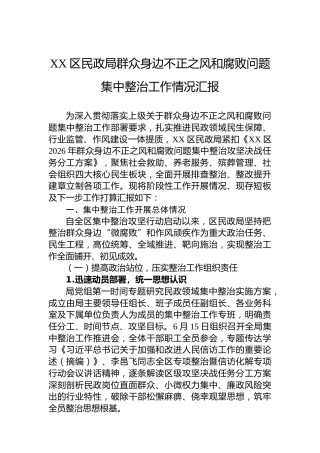 XX区民政局群众身边不正之风和腐败问题集中整治工作情况汇报