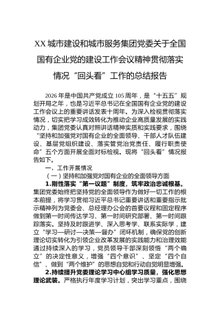 XX城市建设和城市服务集团党委关于全国国有企业党的建设工作会议精神贯彻落实情况“回头看”工作的总结报告