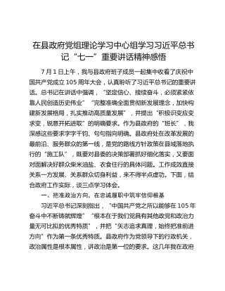 在县政府党组理论学习中心组学习习近平总书记“七一”重要讲话精神感悟