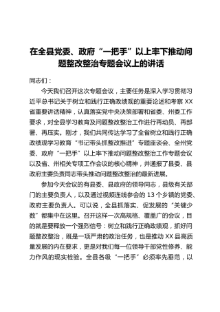 在全县党委、政府“一把手”以上率下推动问题整改整治专题会议上的讲话