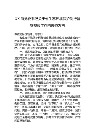 XX镇党委书记关于省生态环境保护例行督察整改工作的表态发言