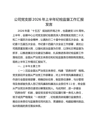 公司党支部2026年上半年纪检监督工作总结汇报
