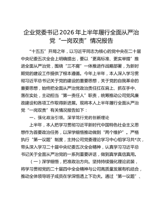 公司党委书记2026年上半年履行全面从严治党“一岗双责”情况总结报告