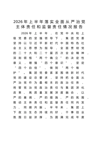 公司2026年上半年落实全面从严治党主体责任和监督责任情况总结报告