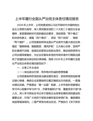 2026年上半年国企公司履行全面从严治党主体责任情况报告（3500字总结）