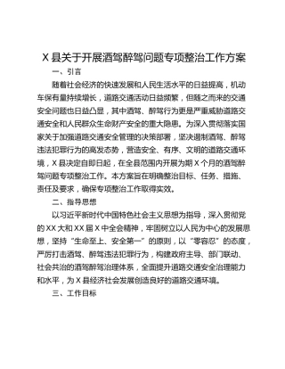X县关于开展酒驾醉驾问题专项整治工作方案