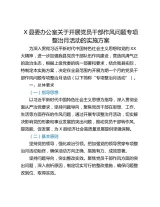 X县委办公室关于开展党员干部作风问题专项整治月活动的实施方案
