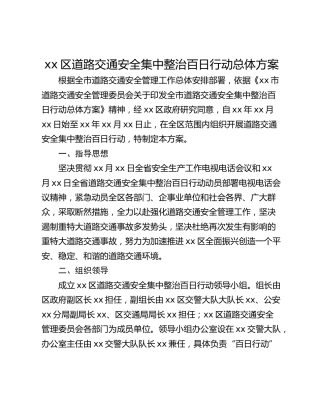 xx区道路交通安全集中整治百日行动总体方案
