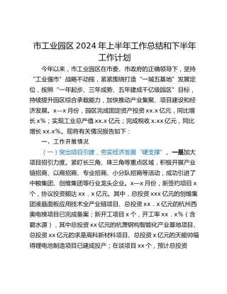 市工业园区2024年上半年工作总结和下半年工作计划