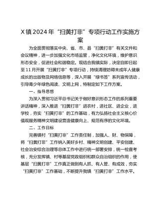 X镇2024年“扫黄打非”专项行动工作实施方案