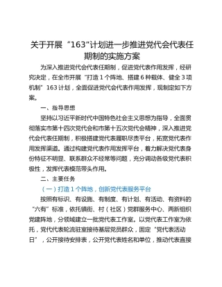 关于开展“163”计划进一步推进党代会代表任期制的实施方案