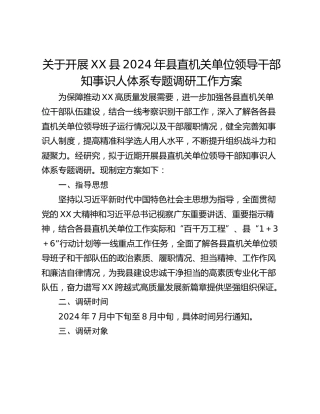 关于开展XX县2024年县直机关单位领导干部知事识人体系专题调研工作方案