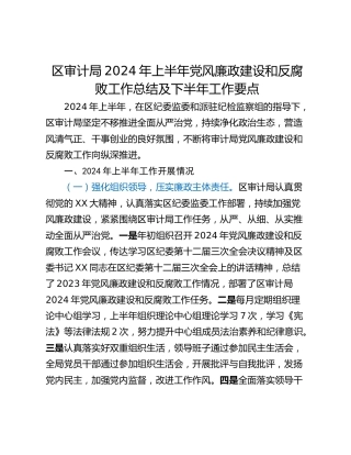 区审计局2024年上半年党风廉政建设和反腐败工作总结及下半年工作要点