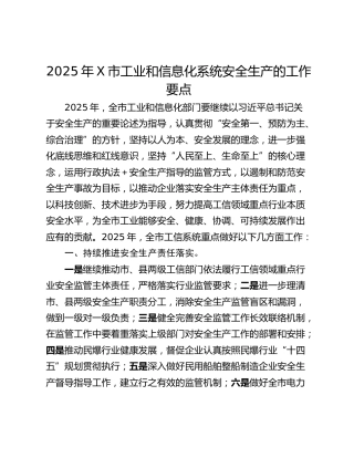 2025年X市工业和信息化系统安全生产的工作要点