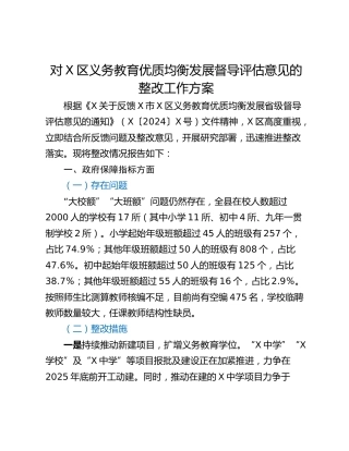 对X区义务教育优质均衡发展督导评估意见的整改工作方案