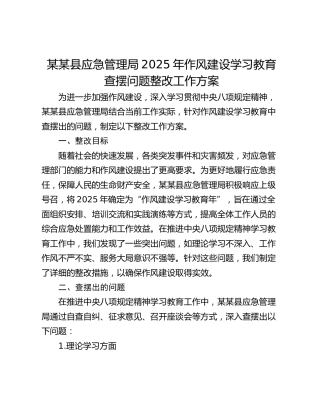 某某县应急管理局2025年作风建设学习教育查摆问题整改工作方案