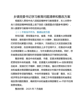 乡镇党委书记学习教育问题清单和整改方案