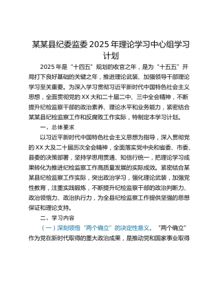 某某县纪委监委2025年理论学习中心组学习计划