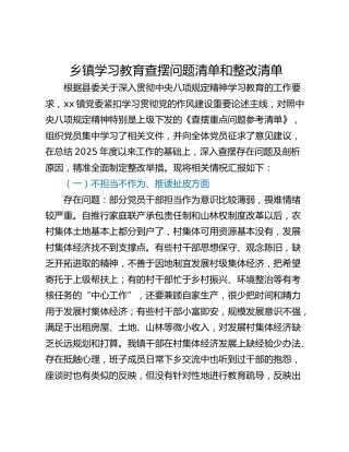 乡镇学习教育查摆问题清单和整改清单