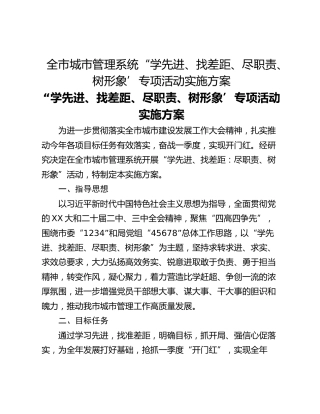全市城市管理系统“学先进、找差距、尽职责、树形象’专项活动实施方案
