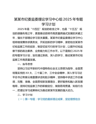 某某市纪委监委理论学习中心组2025年专题学习计划