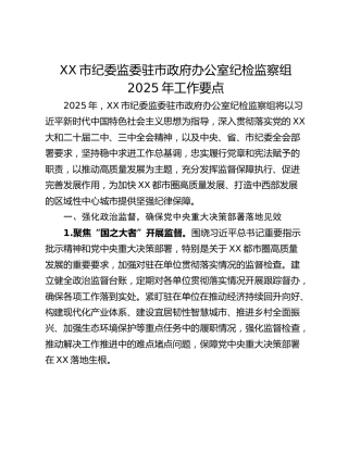 XX市纪委监委驻市政府办公室纪检监察组2025年工作要点