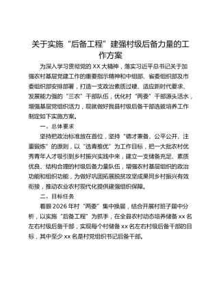 关于实施“后备工程”建强村级后备力量的工作方案
