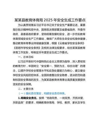 某某县教育体育局2025年安全生成工作要点