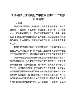 X镇各部门及驻镇有关单位安全生产工作职责任务清单