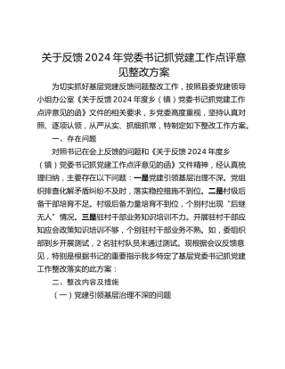 关于反馈2024年党委书记抓党建工作点评意见整改方案