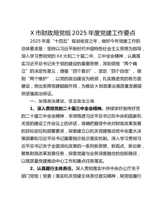 X市财政局党组2025年度党建工作要点
