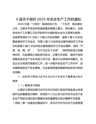 X县关于做好2025年安全生产工作的通知