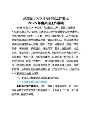 某国企2025年度风控工作要点