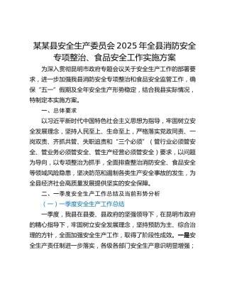 某某县安全生产委员会2025年全县消防安全专项整治、食品安全工作实施方案