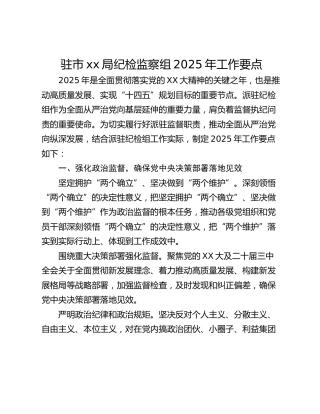 驻市xx局纪检监察组2025年工作要点