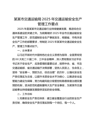 某某市交通运输局2025年交通运输安全生产管理工作要点