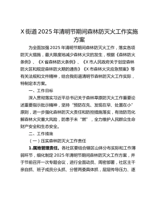 X街道2025年清明节期间森林防灭火工作实施方案