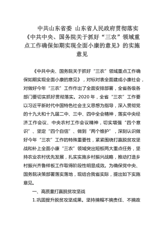 中共山东省委山东省人民政府贯彻落实《中共中央、国务院关于抓好“三农”领域重点工作确保如期实现全面小康的意见》的实施意见