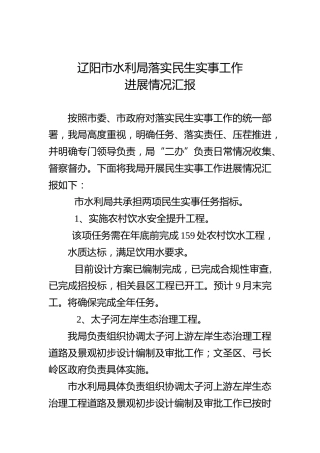 辽阳市水利局落实民生实事工作进展情况汇报