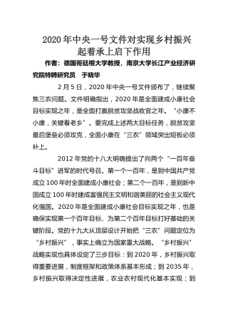 2020年中央一号文件对实现乡村振兴起着承上启下作用