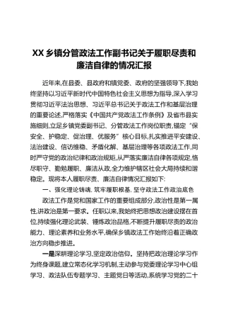 XX乡镇分管政法工作副书记关于履职尽责和廉洁自律的情况汇报