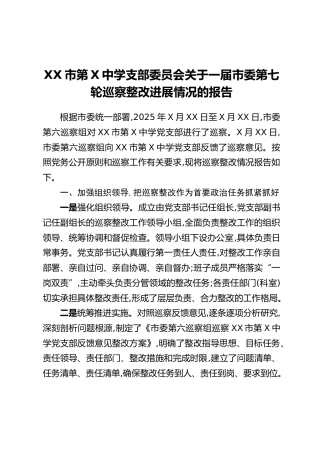 XX市第X中学支部委员会关于一届市委第七轮巡察整改进展情况的报告