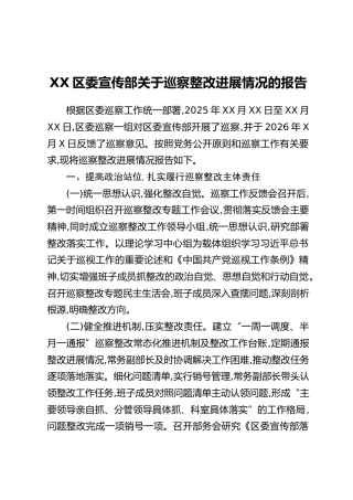 XX区委宣传部关于巡察整改进展情况的报告