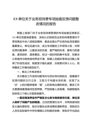 XX单位关于业务招待费专项抽查反馈问题整改情况的报告