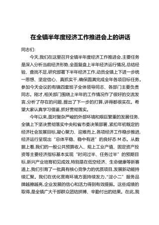 在全镇半年度经济工作推进会上的讲话