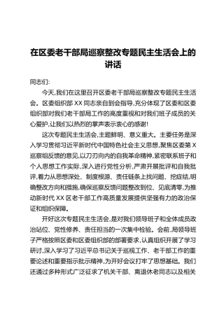 在区委老干部局巡察整改专题民主生活会上的讲话